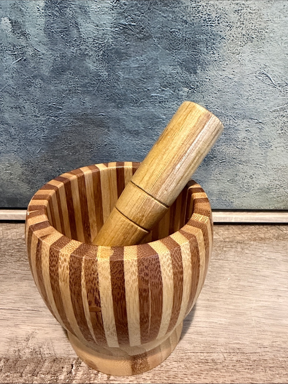Striped Bamboo Mortar and Pestle - Natural Wood
